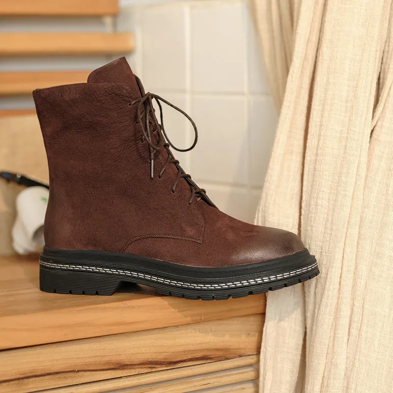 Bigsizeheels Round toe cowhide vintage Martin Boots - Brown