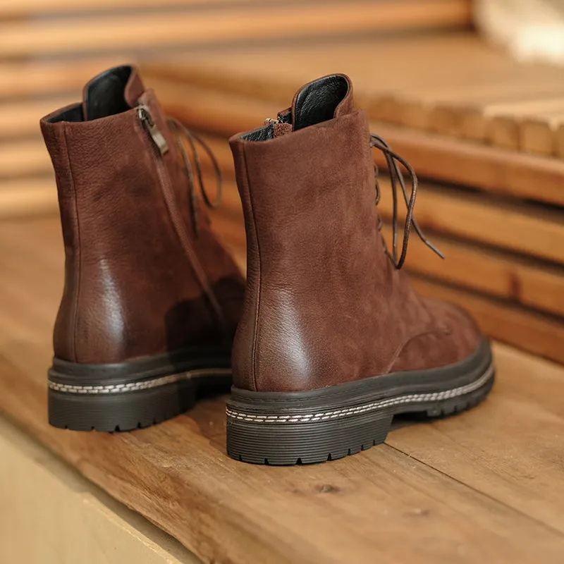 Bigsizeheels Round toe cowhide vintage Martin Boots - Brown