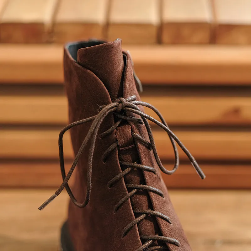 Bigsizeheels Round toe cowhide vintage Martin Boots - Brown