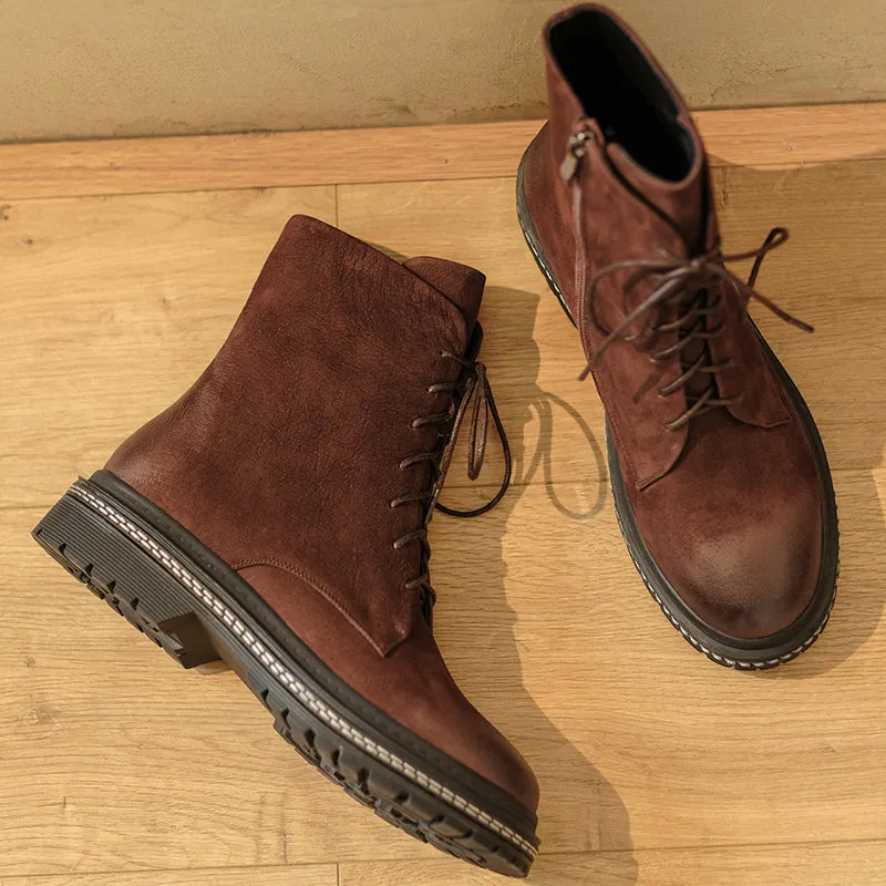 Bigsizeheels Round toe cowhide vintage Martin Boots - Brown