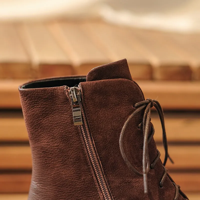 Bigsizeheels Round toe cowhide vintage Martin Boots - Brown