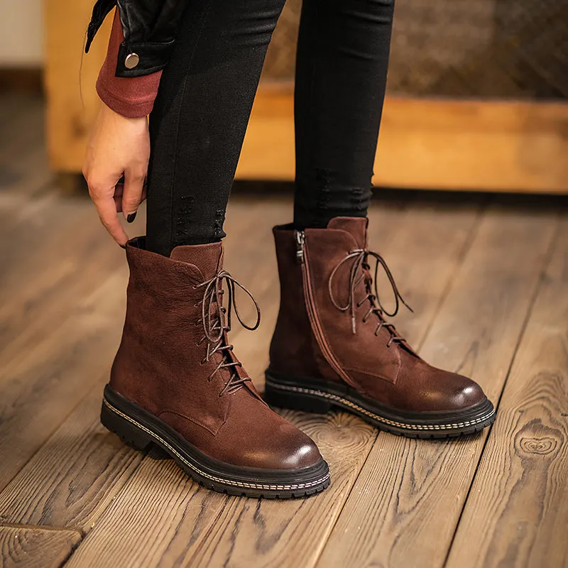 Bigsizeheels Round toe cowhide vintage Martin Boots - Brown