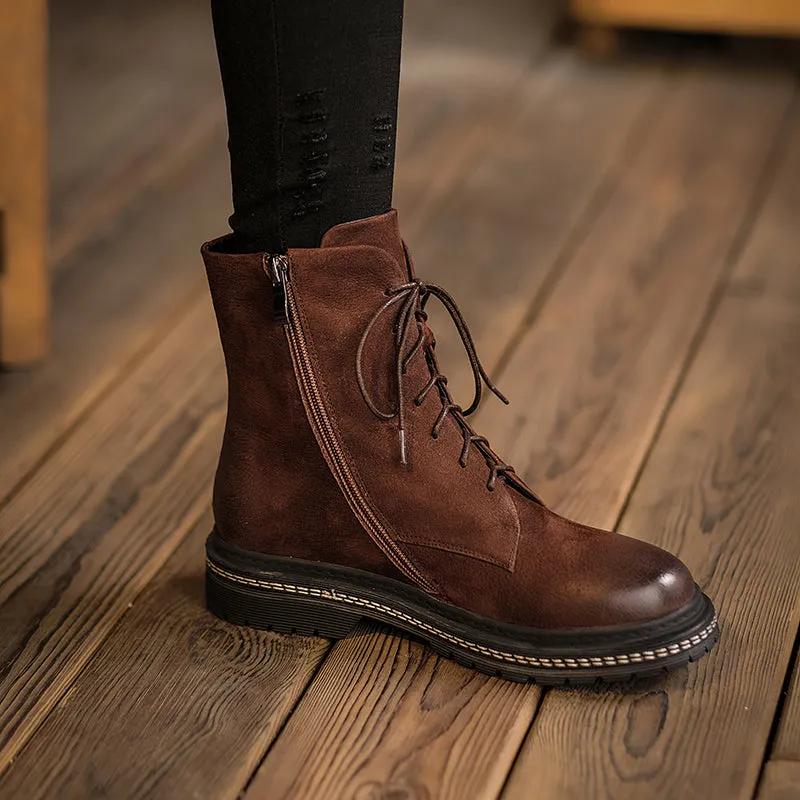 Bigsizeheels Round toe cowhide vintage Martin Boots - Brown