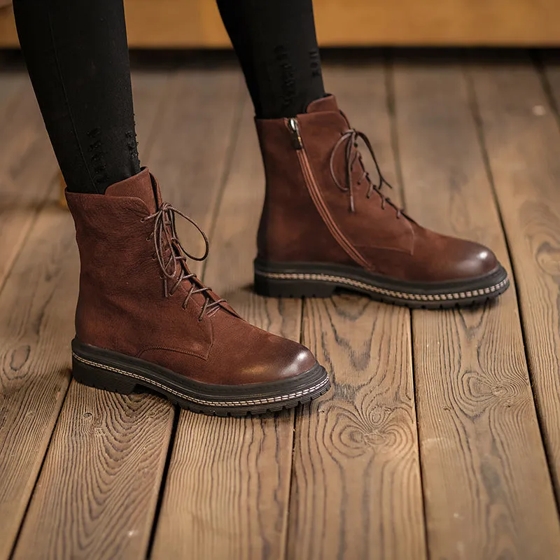 Bigsizeheels Round toe cowhide vintage Martin Boots - Brown