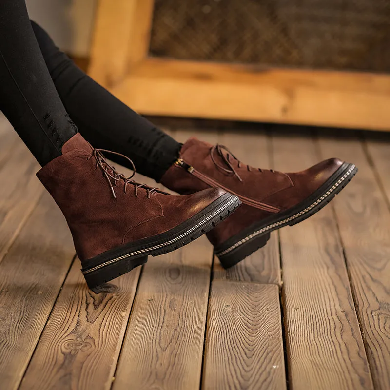 Bigsizeheels Round toe cowhide vintage Martin Boots - Brown