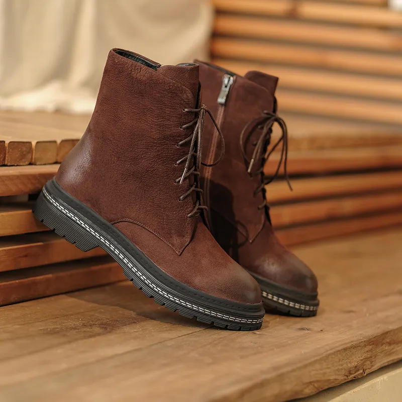 Bigsizeheels Round toe cowhide vintage Martin Boots - Brown