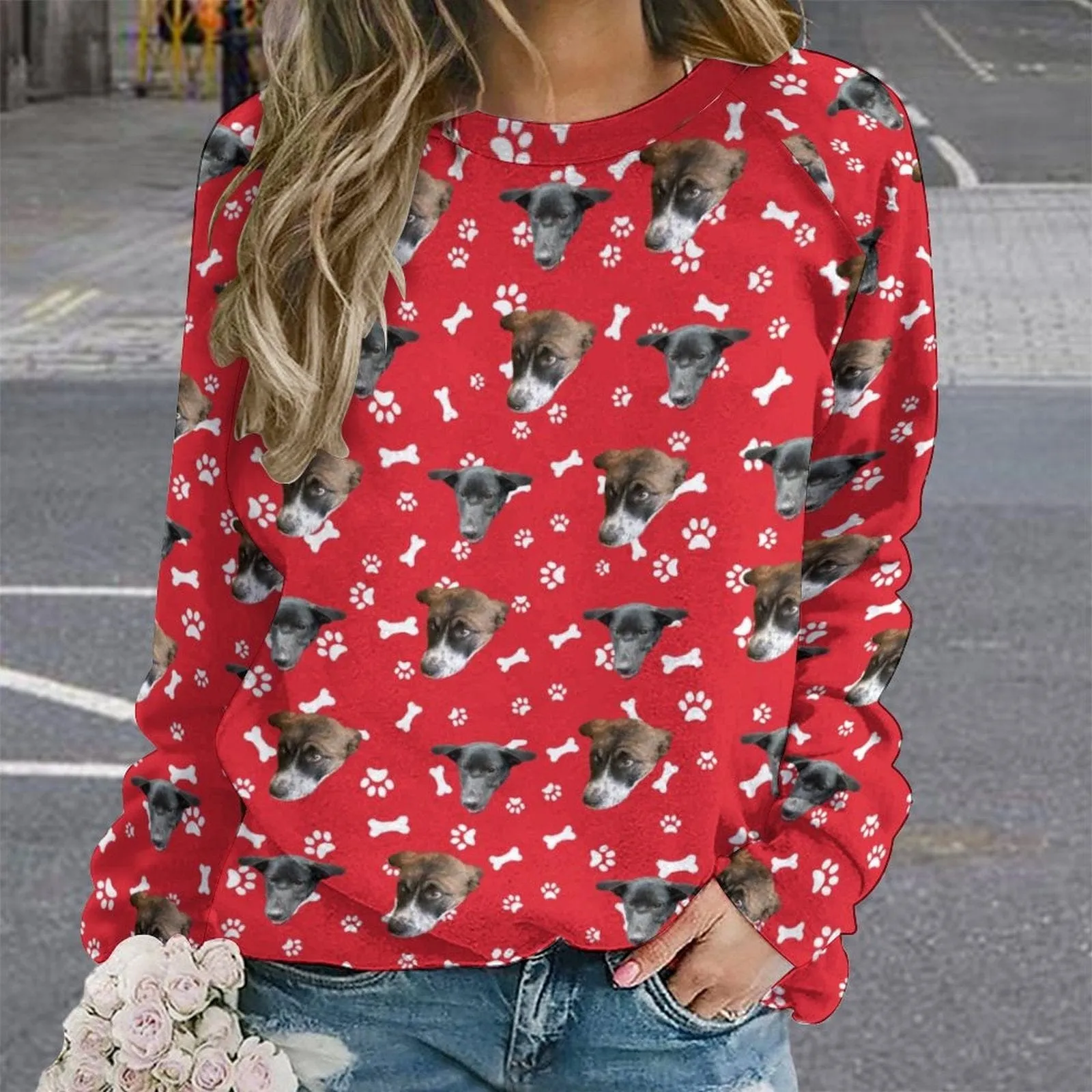 Custom Pet Face Multicolor Women's Loose Sweatshirt Personalized Raglan Sleeve Crew Neck Sweatshirt